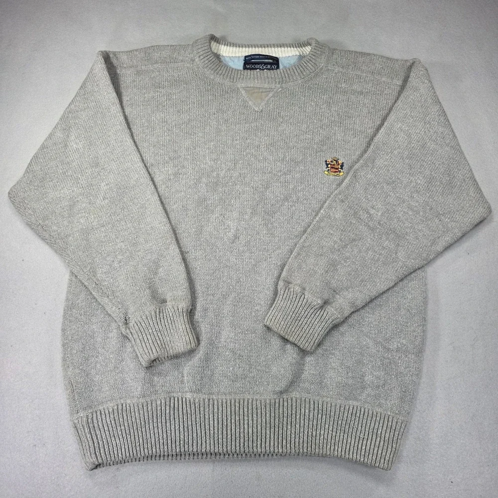 Woods & Gray Mens Large Gray 100% Cotton Crewneck Sweater Embroidered Crest Logo